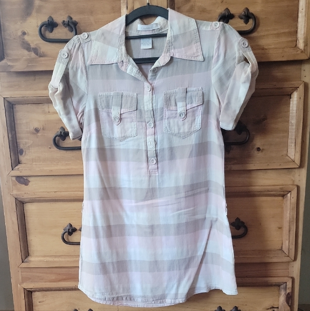Charlotte Russe Pink Gray Button Down Blouse